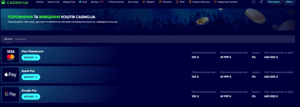 поповнення казіно юа